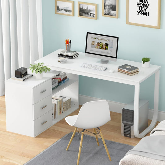 Home Office Computer Desk Corner Desk with 3 Drawers and 2 Shelves, 55 Inch Large L-Shaped Study Writing Table with Storage Cabinet - White