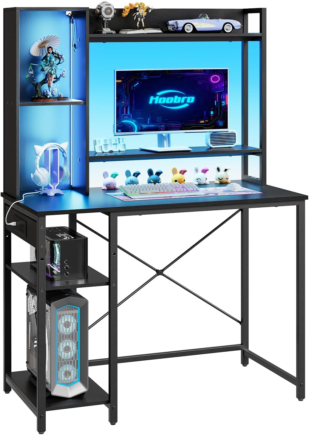 Computer Desk, Gaming Desk with LED and Outlets, Home Office Desk with Monitor Stand and Adjustable Shelf, Small Gaming Table with CPU Stand for Home Office, Small Space, Black BB100UDDN01