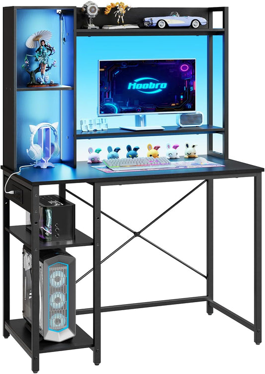 Computer Desk, Gaming Desk with LED and Outlets, Home Office Desk with Monitor Stand and Adjustable Shelf, Small Gaming Table with CPU Stand for Home Office, Small Space, Black BB100UDDN01