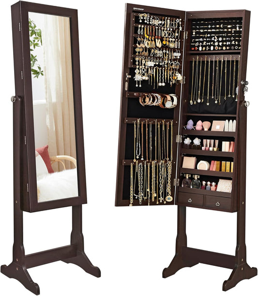 Jewelry Cabinet with 6 LED Lights, Lockable Mirrored Jewelry Armoire Organizer, 2 Drawers, Brown UJJC94K