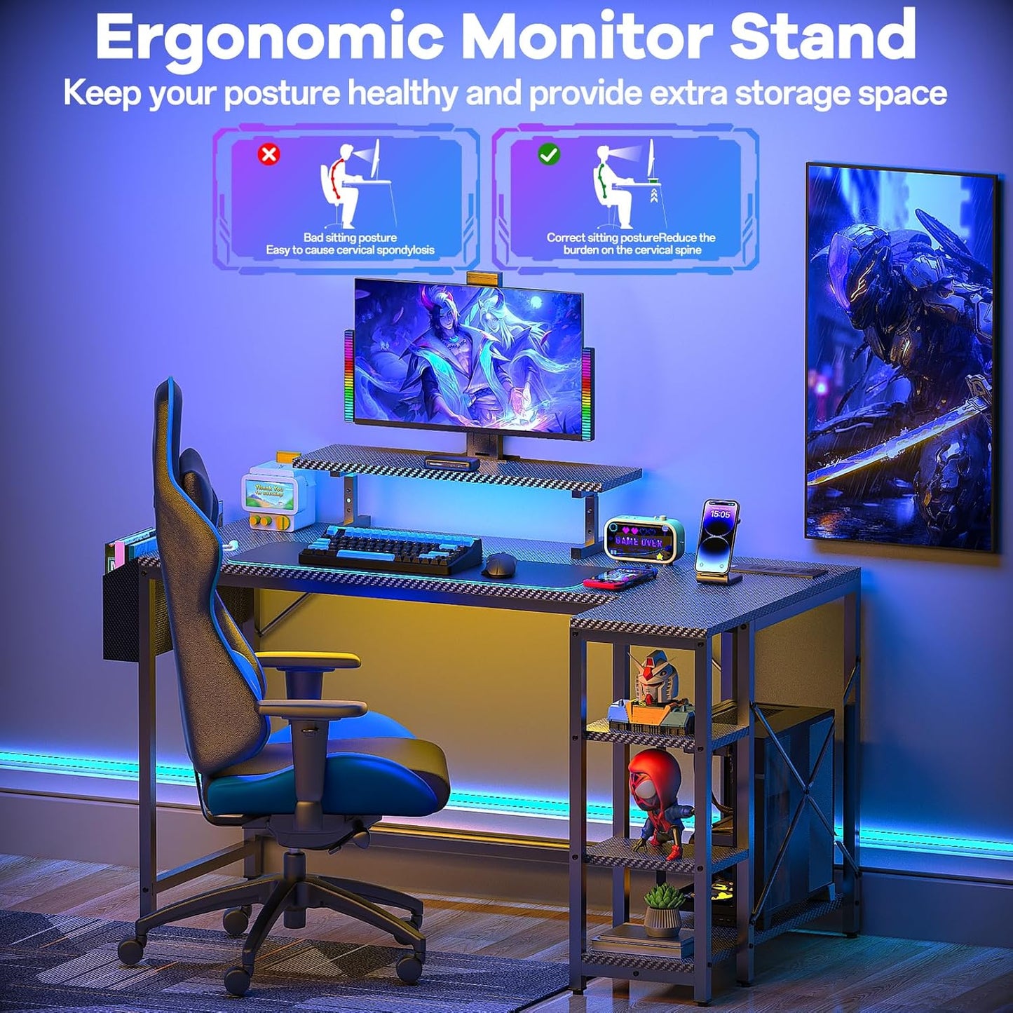 L Shaped Gaming Desk with Power Outlet and LED Light, 47 Inch Reversible Computer Desk with CPU Stand, Monitor Stand, Drawer, 2-Tier Shelf Carbon Fiber Corner Desk for Home Office, Bedroom