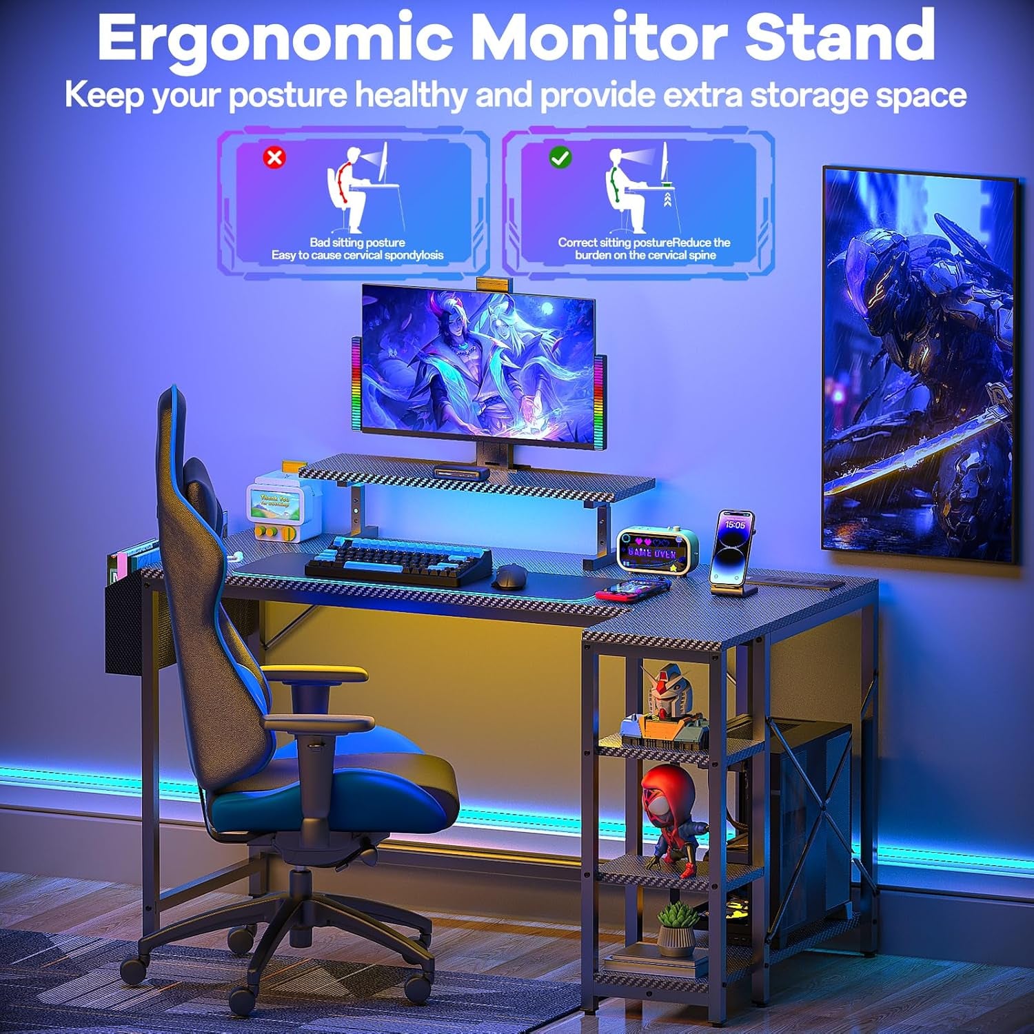 L Shaped Gaming Desk with Power Outlet and LED Light, 47 Inch Reversible Computer Desk with CPU Stand, Monitor Stand, Drawer, 2-Tier Shelf Carbon Fiber Corner Desk for Home Office, Bedroom