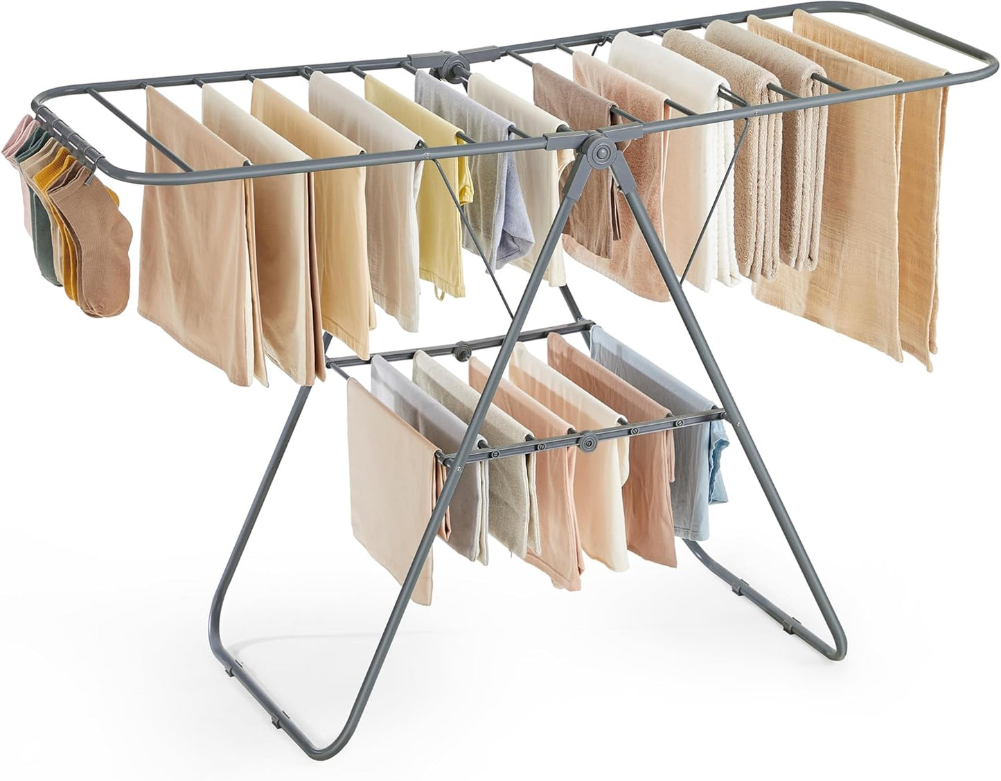 Clothes Drying Rack, with Sock Clips, Metal Laundry Rack, Foldable, Space-Saving, Free-Standing Airer, with 2 Height-Adjustable Gullwings, Indoor Outdoor Use, Silver and Blue ULLR52BU