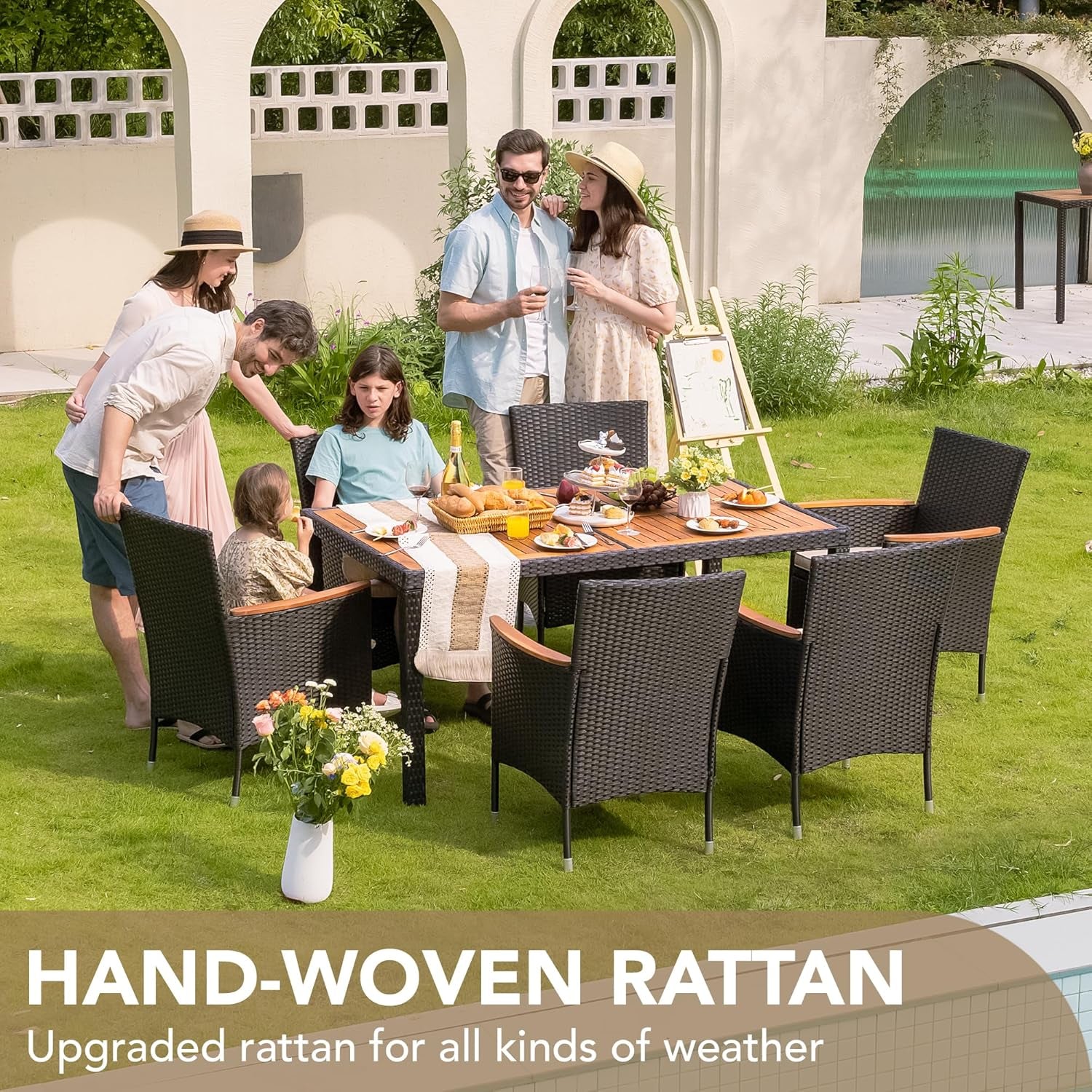 Dining 7 PCS Furniture, Patio Conversation Set with Acacia Wood Table Top, Outdoor, Beige Cushion and Black Rattan