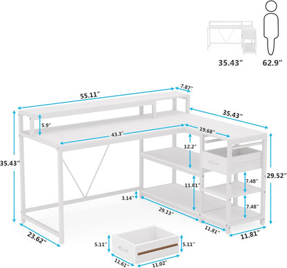 55-Inches Reversible L Shaped Desk with Drawer, Modern White L Corner Desk Home Office Table with Storage Shelves and Monitor Stand, Wooden and Metal PC Desk for Small Space