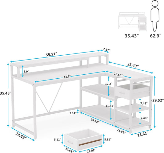 55-Inches Reversible L Shaped Desk with Drawer, Modern White L Corner Desk Home Office Table with Storage Shelves and Monitor Stand, Wooden and Metal PC Desk for Small Space