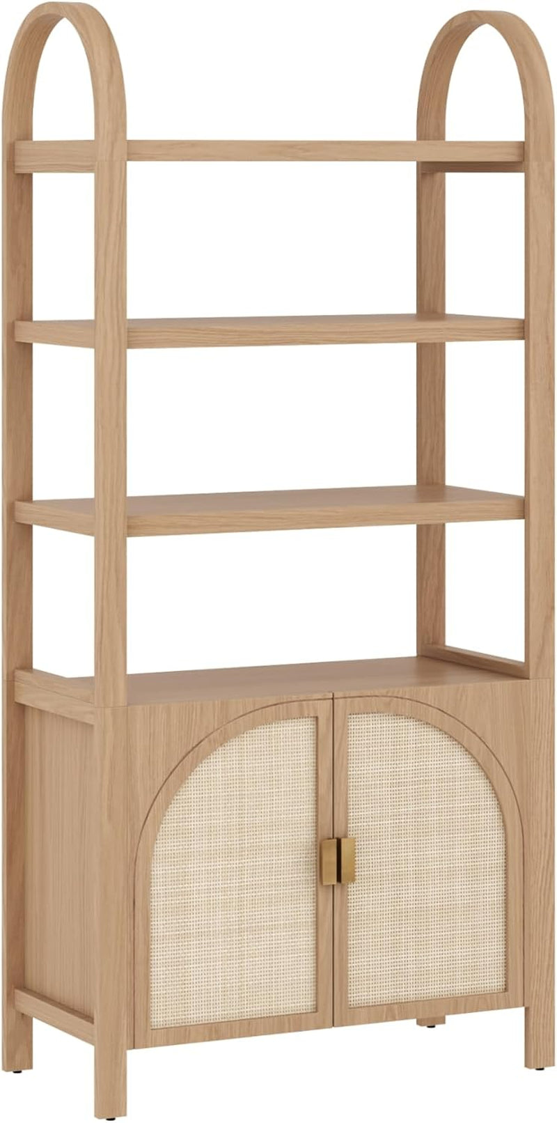 Paxton Mid-Century Modern Arched Bookshelf Cabinet with Solid Wood Frame and Rattan Base, Raw Oak