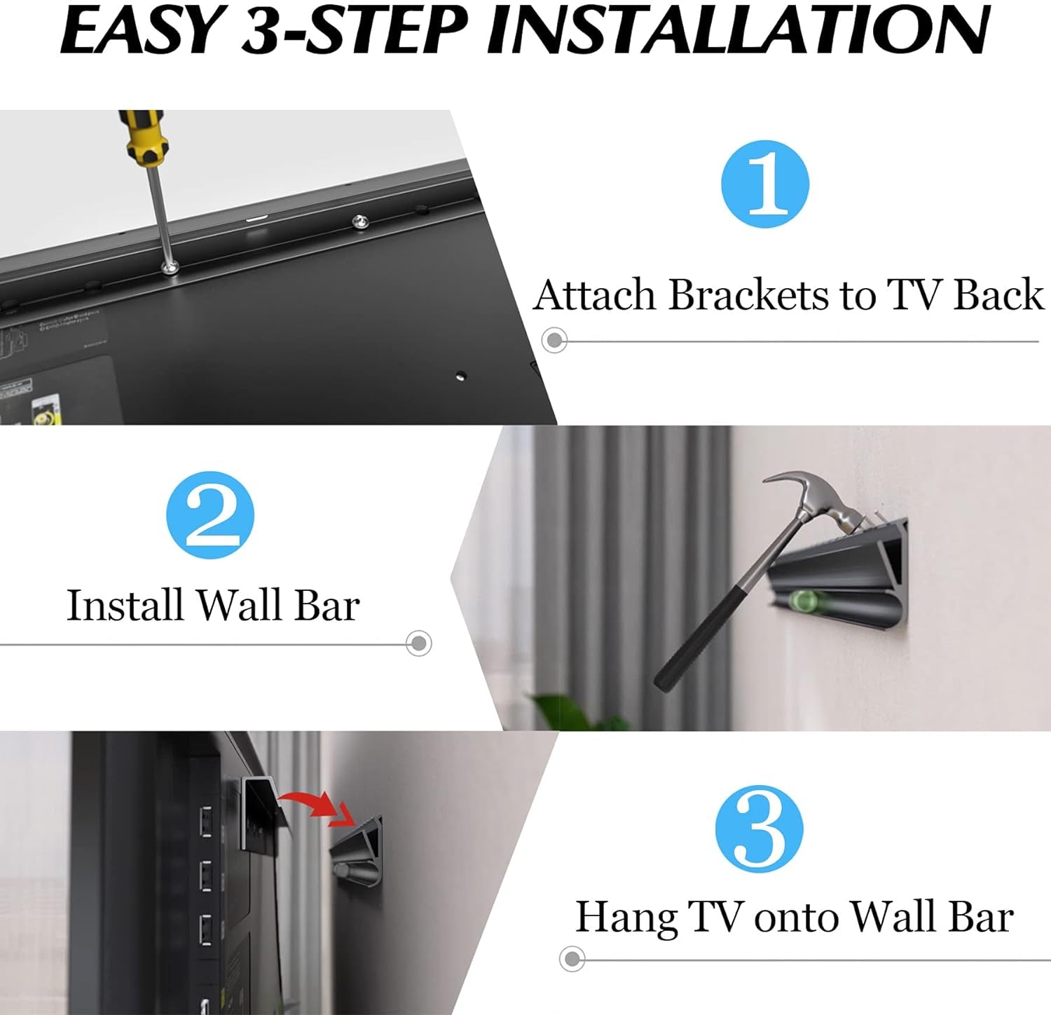 No Stud TV Wall Mount, Drywall Studless TV Hanger No Damage, No Drill, Non Screws, Dry Wall Flat Screen Tvs Easy Install Bar Bracket Fits VESA 12-55 Inch Tvs up to 99 Lbs, Include Hardware Levels