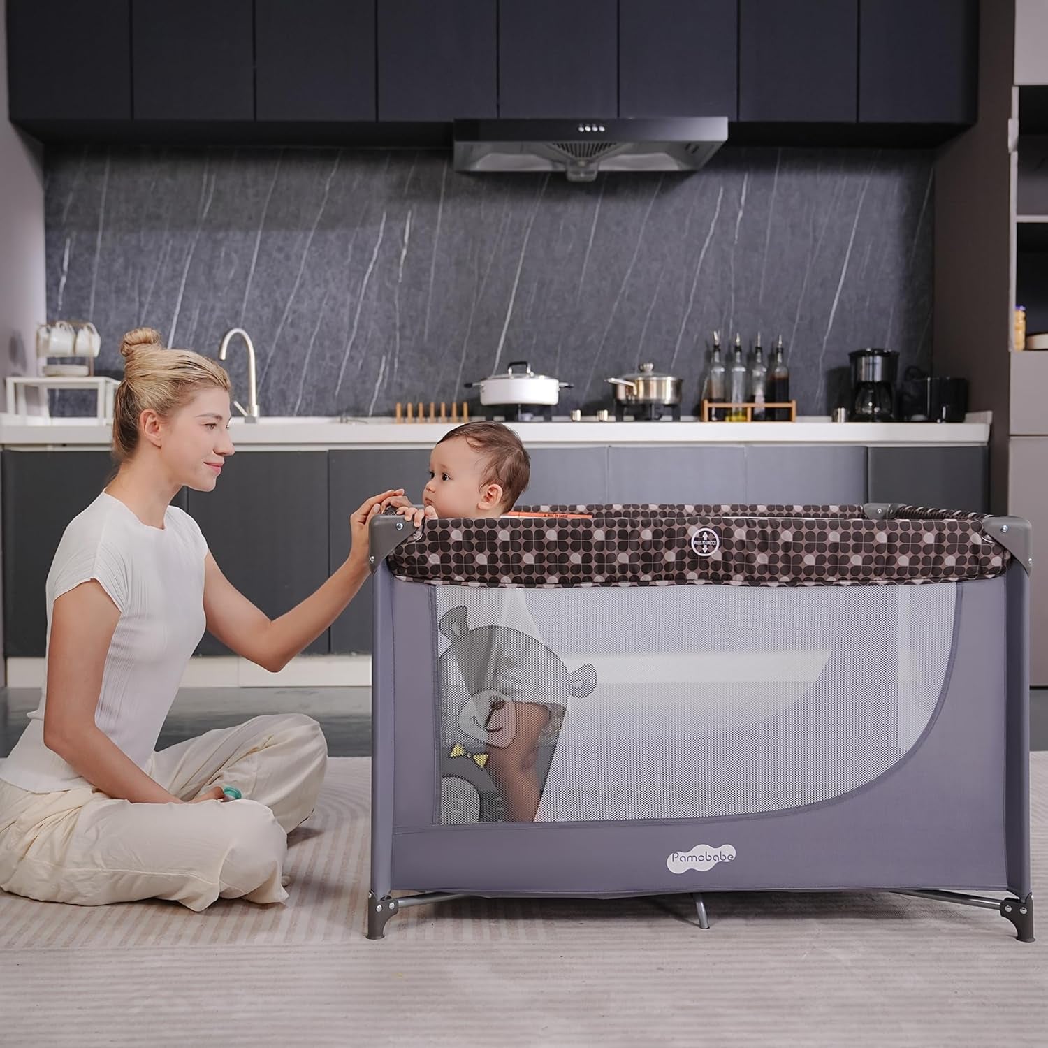 Portable Crib Baby Playpen with Mattress and Carry Bag Grey