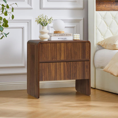 Brown mid century two drawer dresser nightstand with curved profile, view 9