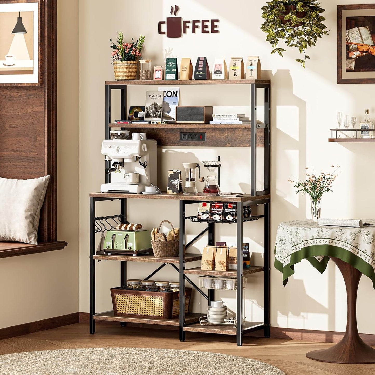 Bakers Rack with Power Outlet, 35.4 Inches Coffee Bar with Wire Basket, Kitchen Microwave Stand with 6 S-Shaped Hooks, Open Storage Shelves, Rustic Brown