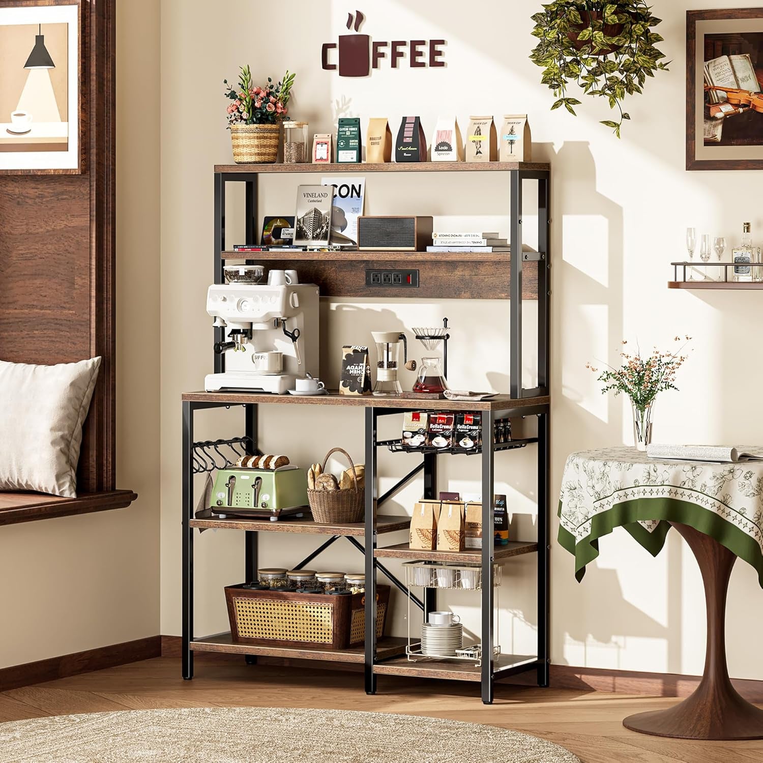 Bakers Rack with Power Outlet, 35.4 Inches Coffee Bar with Wire Basket, Kitchen Microwave Stand with 6 S-Shaped Hooks, Open Storage Shelves, Rustic Brown
