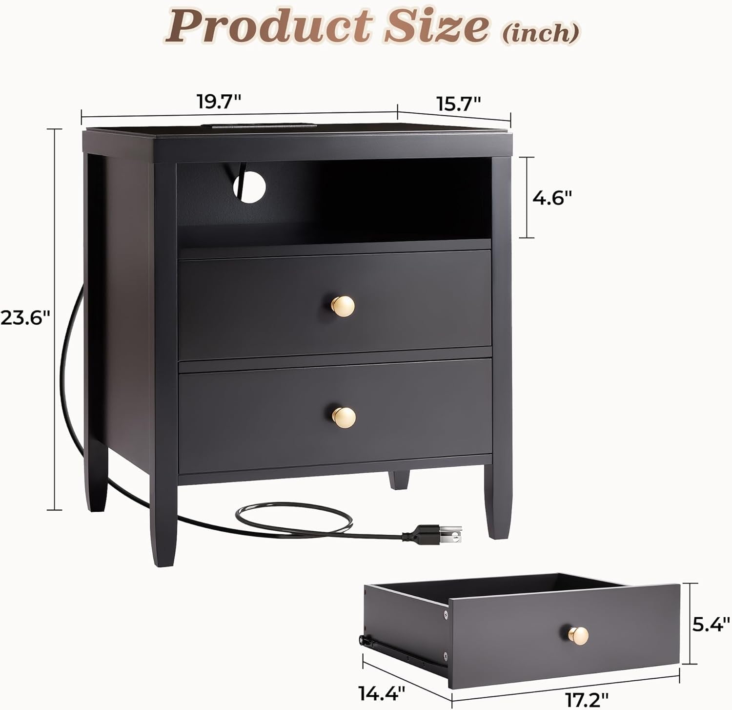 Black Nightstand Set of 2, Night Stand with Charger Station, Bedside Table with 2 Drawers, Bed Side Tables for Bedroom, Modern Nightstands, Metal Knobs, Painted Surface