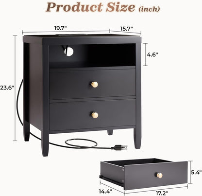 Black Nightstand Set of 2, Night Stand with Charger Station, Bedside Table with 2 Drawers, Bed Side Tables for Bedroom, Modern Nightstands, Metal Knobs, Painted Surface | with Charger Station, 2 Drawers, Bed Side Tables, for Bedroom, Metal Knobs, Painted Surface