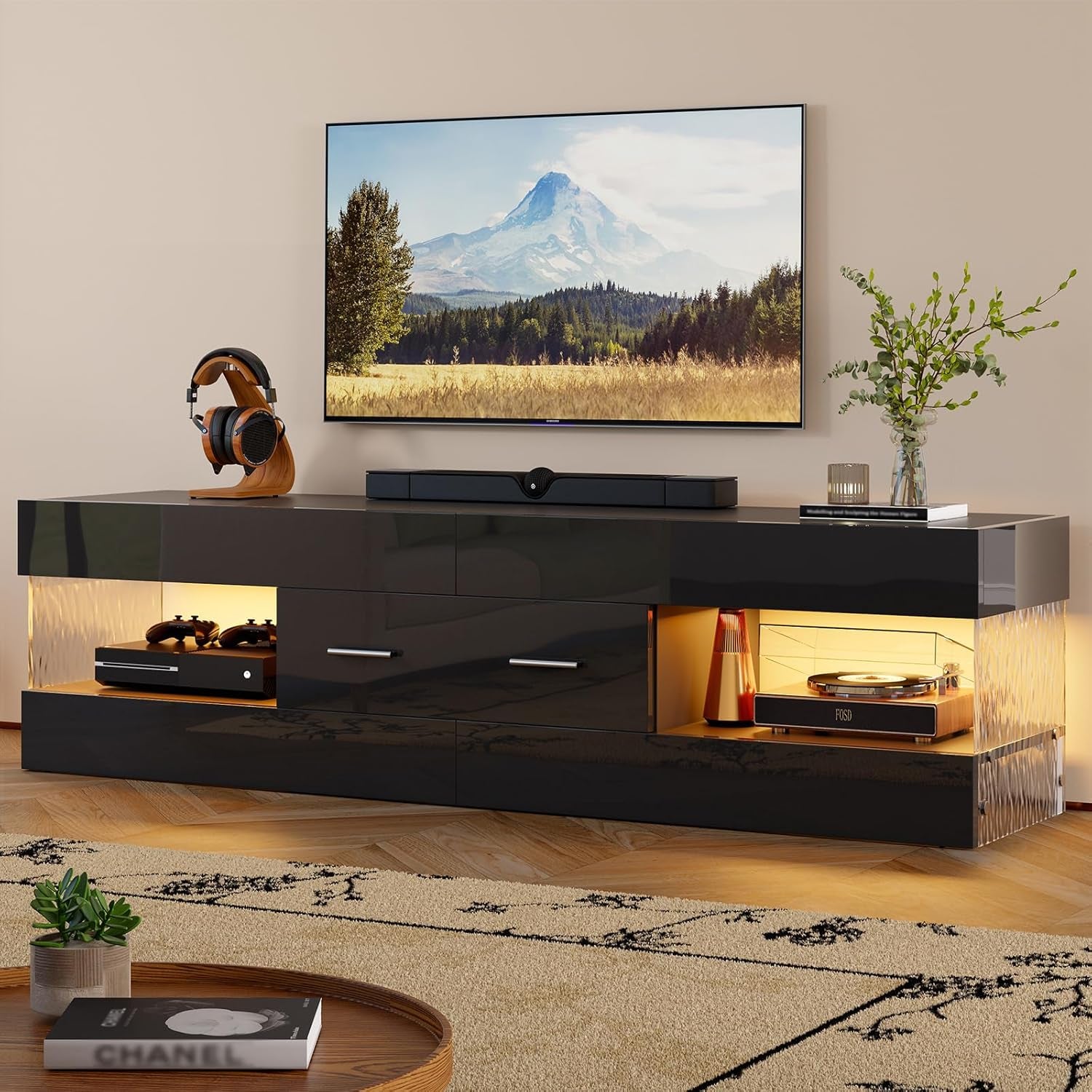 Black TV Stand for 55/60/65 Inch TV, High Gloss Modern TV Stand with Stone-Patterned Side Panels, LED Entertainment Center with Large Drawer, TV Consoles for Living Room, Bedroom