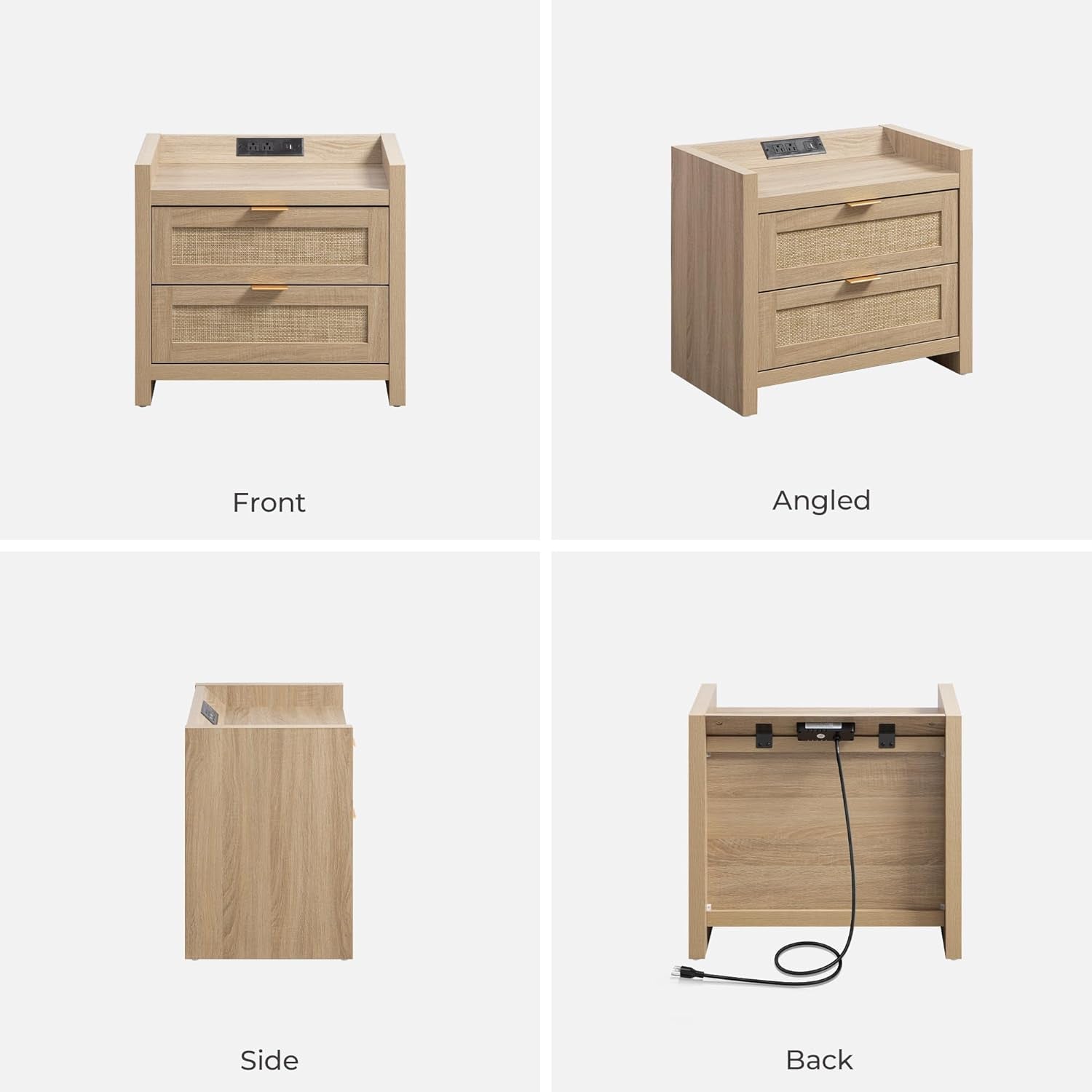 Rattan Nightstands Set of 2 Bedside Table - Bedroom Night Stand with Type-C Charging Station, 2 Drawers Storage - Boho Night Stands End Table for Bedroom Office - Light Oak