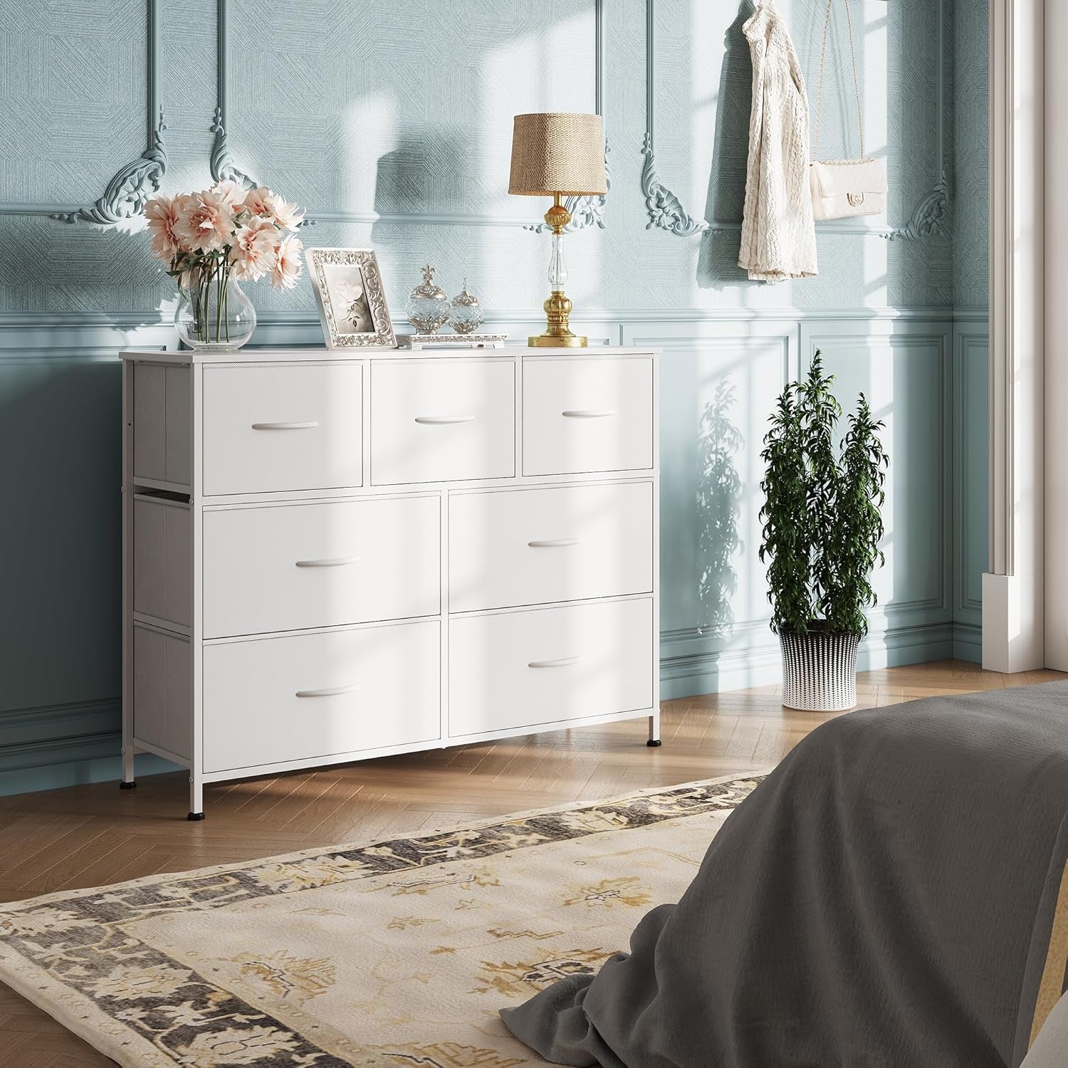 7 Drawer Dresser TV Stand, Dressers for Bedroom, Fabric Storage Tower, Hallway, Entryway, Closets, Sturdy Steel Frame, Wood Top, Easy Pull Handle, White