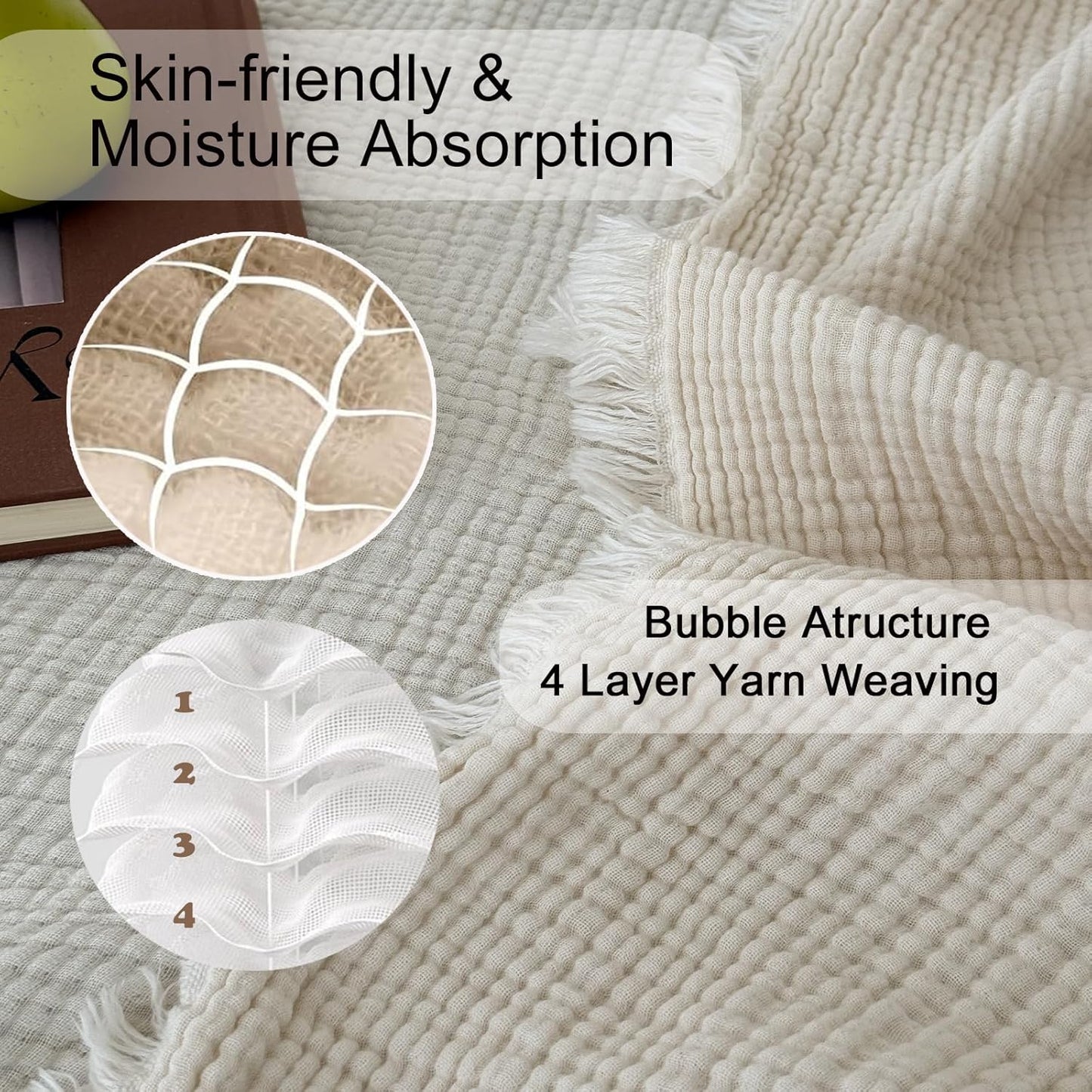 100% Cotton Muslin Throw Blanket with Fringes 50"X60", 4-Layer Cotton Gauze Blankets for Adults, Boho Bedding Breathable Lightweight Ultra-Soft for Couch Bed Sofa All Seasons, Linen Beige