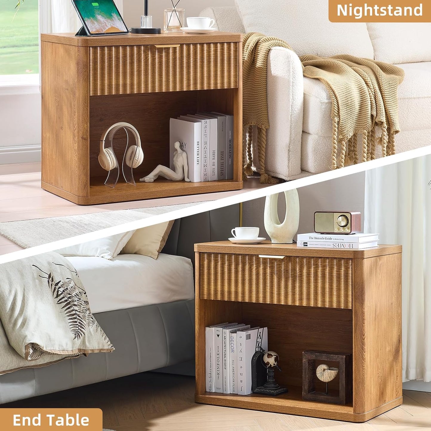 31" Wide Fluted Nightstand Set of 2 with Charging Station, Oversized Extra Large 2 Drawers Night Stand,Brown Wood Bedside Table,Tall End Tables,Modern Chest of Drawers Dressers for Bedroom