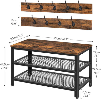 Hall Tree Entryway Storage Bench, Coat Rack Shoe Bench, Shoe Rack Organizer with Coat Hooks, 3-In-1 Design, Wooden Furniture with Metal Frame, Rustic Brown and Black BF17MT01