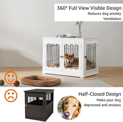 36 Inch Furniture Style Dog Crate End Table with Cushion, Wooden Wire Pet Kennels with Double Doors, Large Dog House Indoor Use