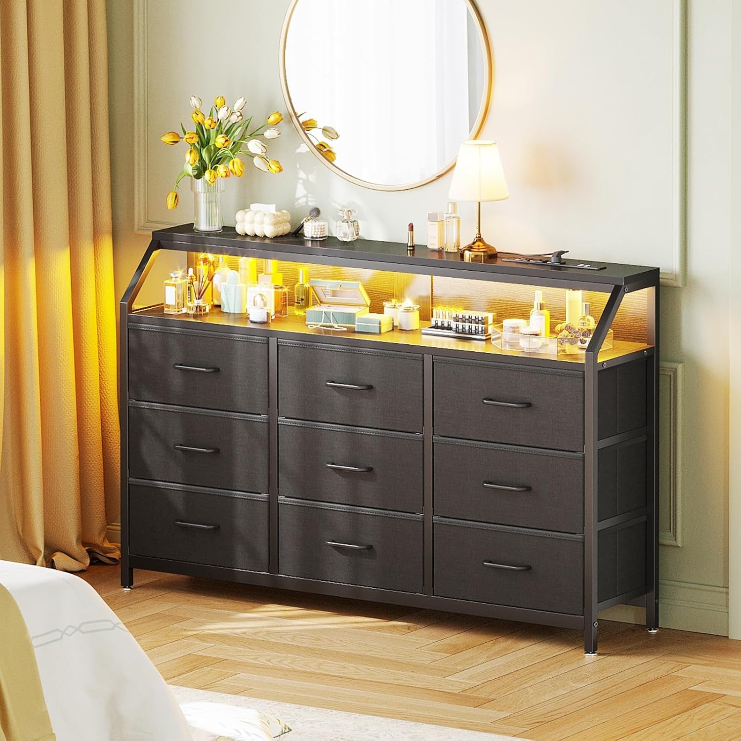 55" Wide 9-Drawer Dresser for Bedroom with LED Lights and Charging Station, Fabric Dressers & Storage Chest of Drawers with Shelves for Closet, Black