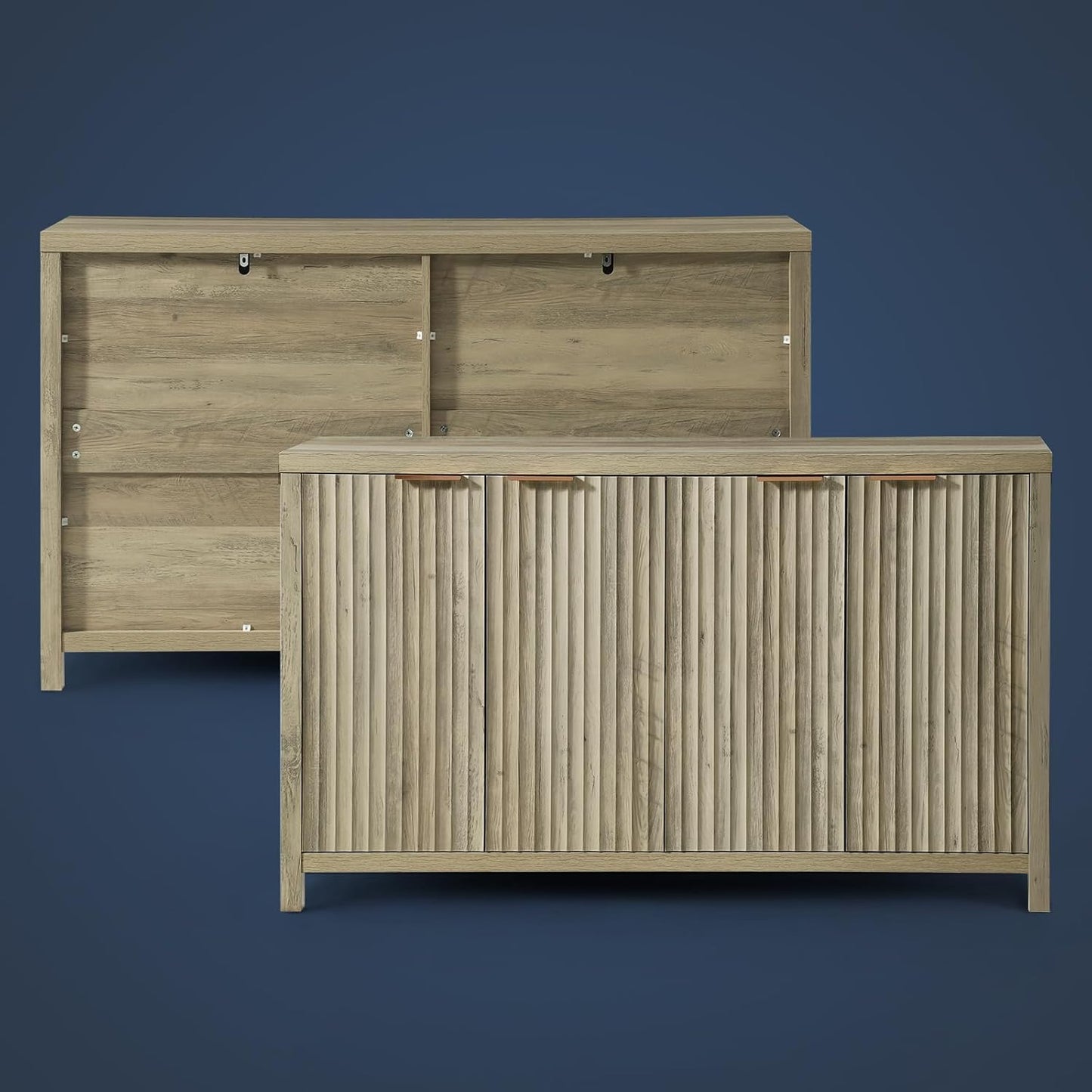 Fluted Sideboard with Storage 4 Doors Buffet Cabinet Large Modern Credenza Accent Console Cabinets with Adjustable Shelves for Living Room Kitchen Hallway, Natural