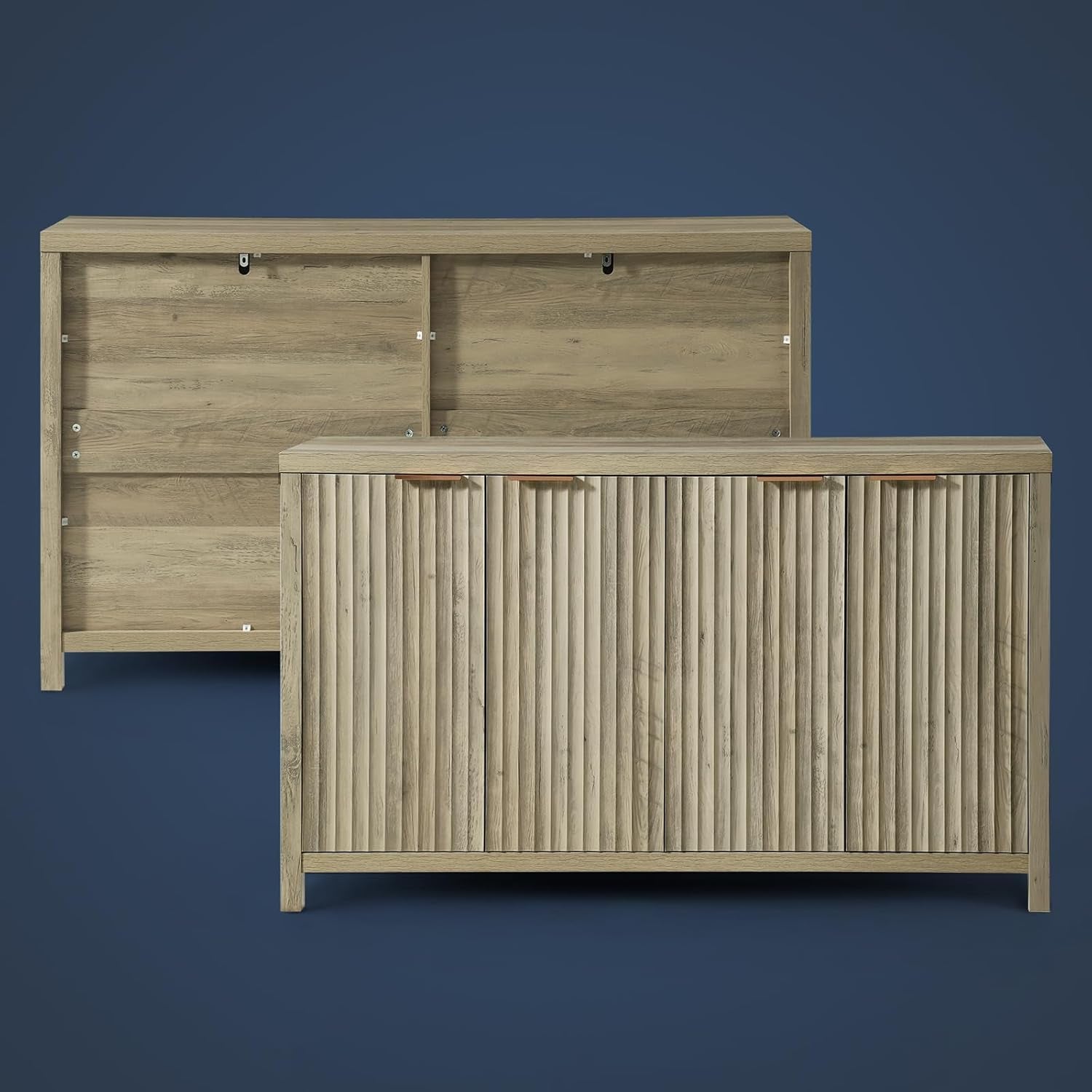 Fluted Sideboard with Storage 4 Doors Buffet Cabinet Large Modern Credenza Accent Console Cabinets with Adjustable Shelves for Living Room Kitchen Hallway, Natural