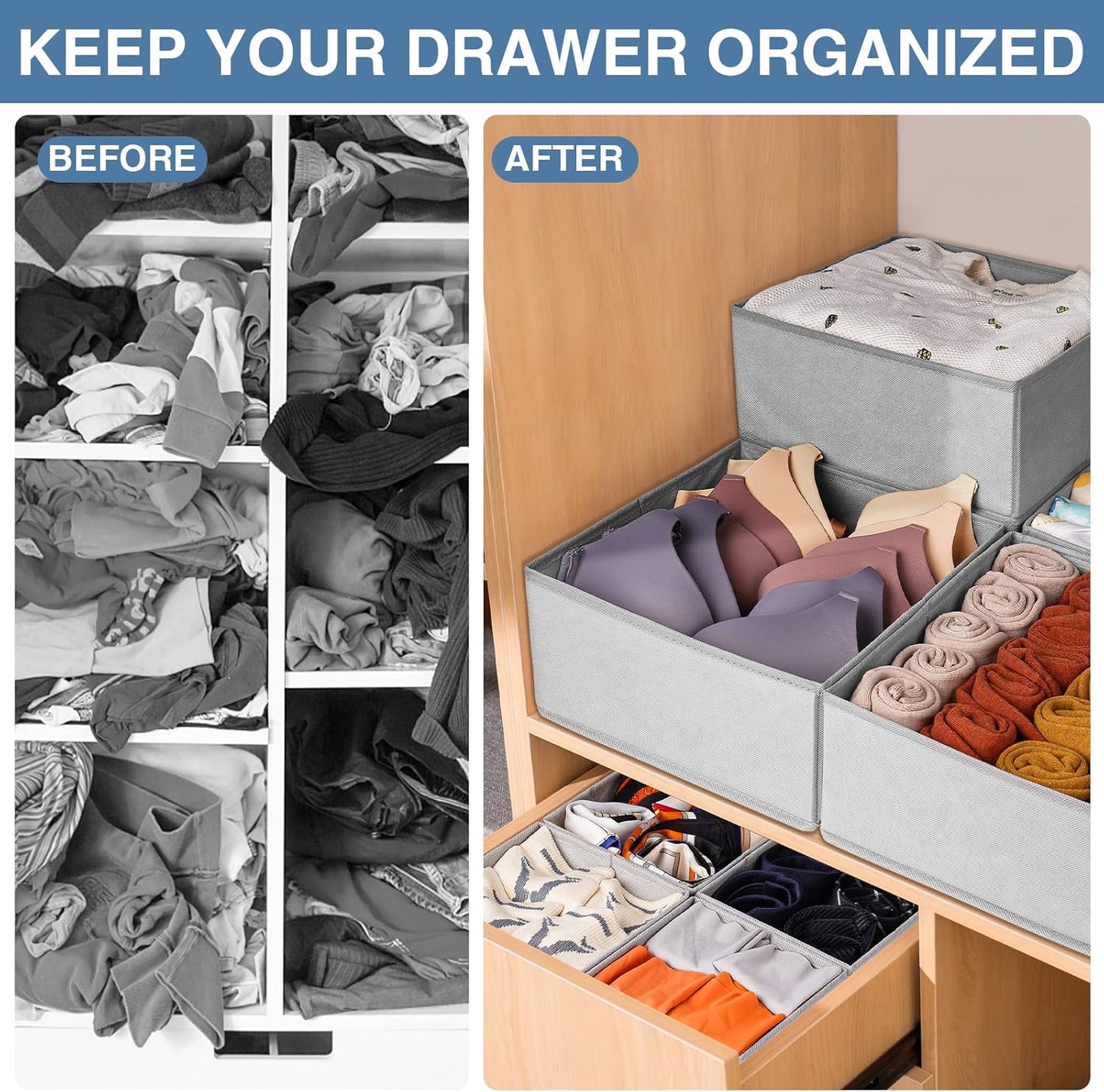Drawer Organizer Clothes 24 Pack, Fabric Closet Organizers and Storage Bins for Underwear Sock, Odorless Dresser Drawer Dividers for Baby Nursery Organization (Grey)