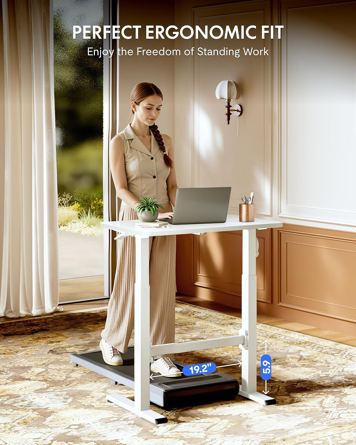 H7 plus Gas Spring Adjustable Standing Desk, Mobile Rolling Sit-Stand Table with Wheels, Cordless Stand up Desk for Small Spaces & Home Office, 32" One-Piece Desktop White,Height 27.6"–45"