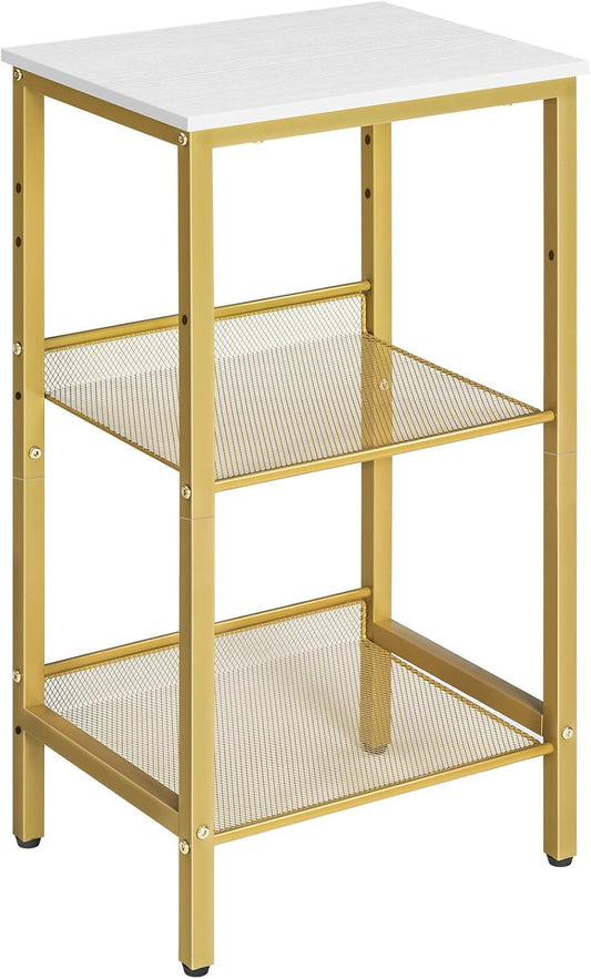 Side Table, 3-Tier Tall End Telephone Table with Adjustable Mesh Shelves, Small Entryway Stand for Living Room Bedroom Hallway or Office, White and Gold DW01DH01G1
