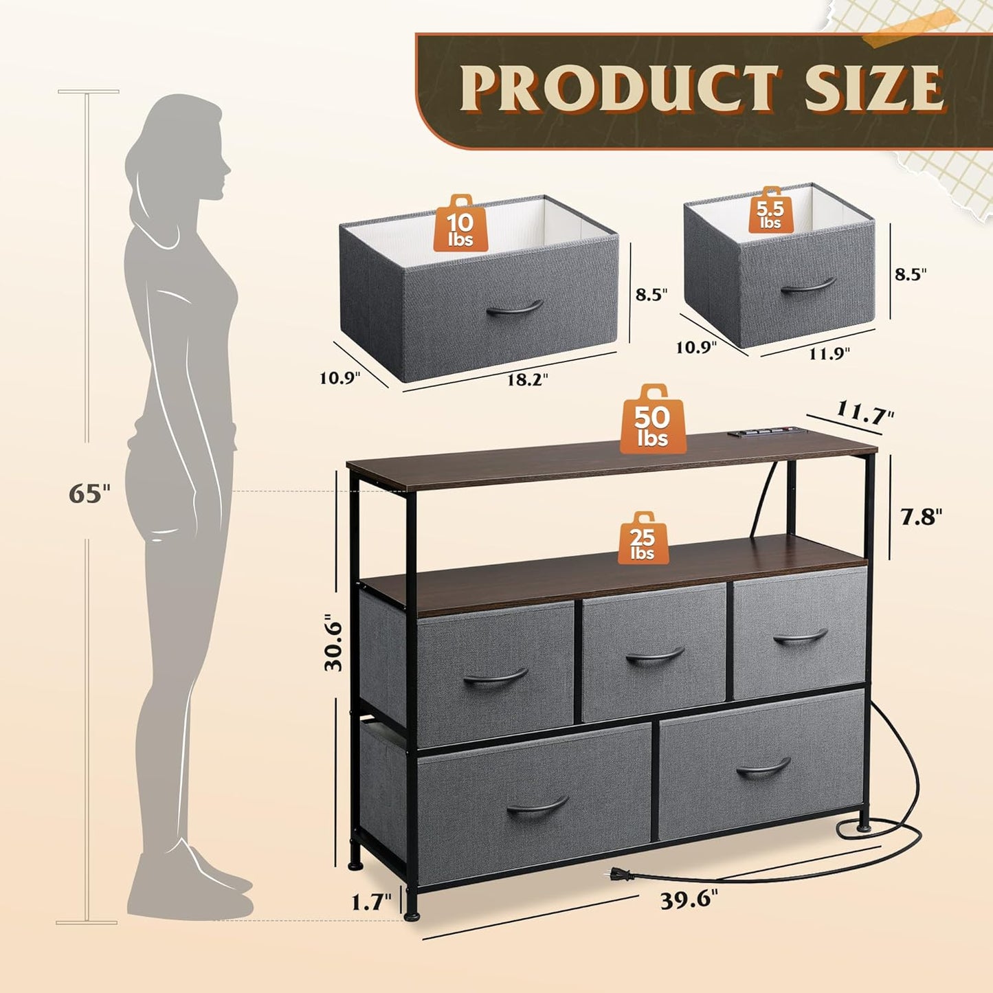 5 Drawer Dresser TV Stand for 45 Inch TV, Entertainment Center with Open Shelf and Power Outlet, Chest of Drawers for Bedroom, Living Room, Closet, Dark Grey