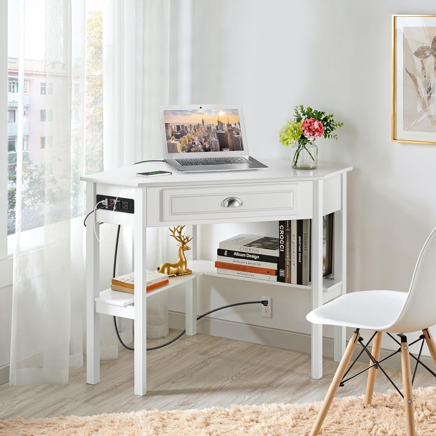 L Shaped Corner Computer Desk with Power Outlets, Reversible Triangle Workstation with USB Ports and Hook for Small Space, Modern Home Office Desk Gaming Table with Drawer & Shelf, White