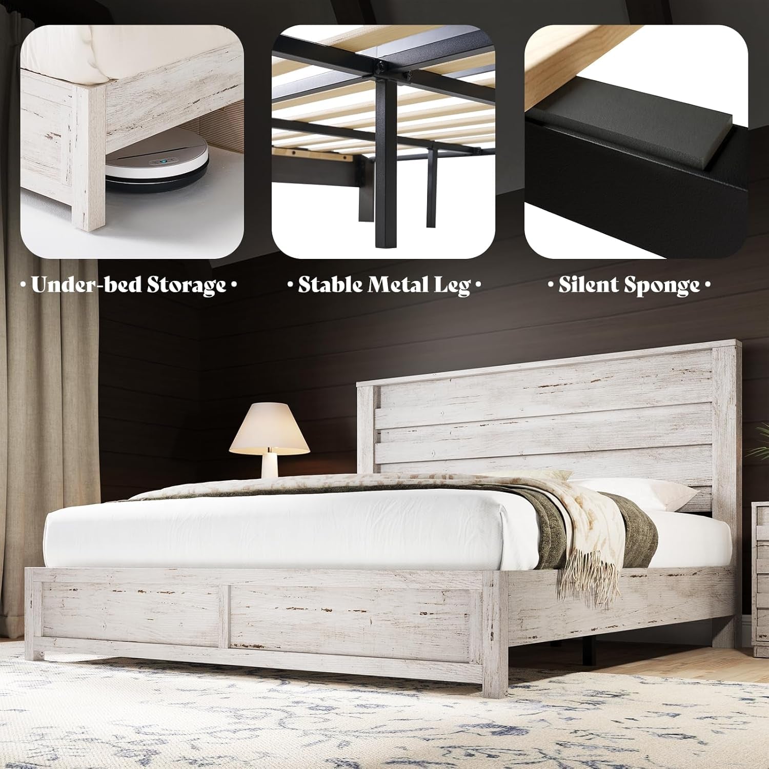 Farmhouse King Size Bed Frame with 49" Fluted Headboard, Wood Platform Bed with Natural Wood Grain, No Box Spring Needed/Noise Free, Distressed White