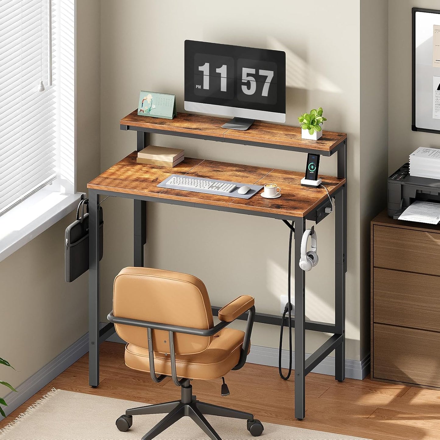 Small Computer Desk, 28.3" Desk for Small Spaces, Office Desk with Power Outlet & Adjustable Monitor Stand, Compact Desk with Storage, Writing Table for Bedroom, Office, Rustic Brown BF38UDN01