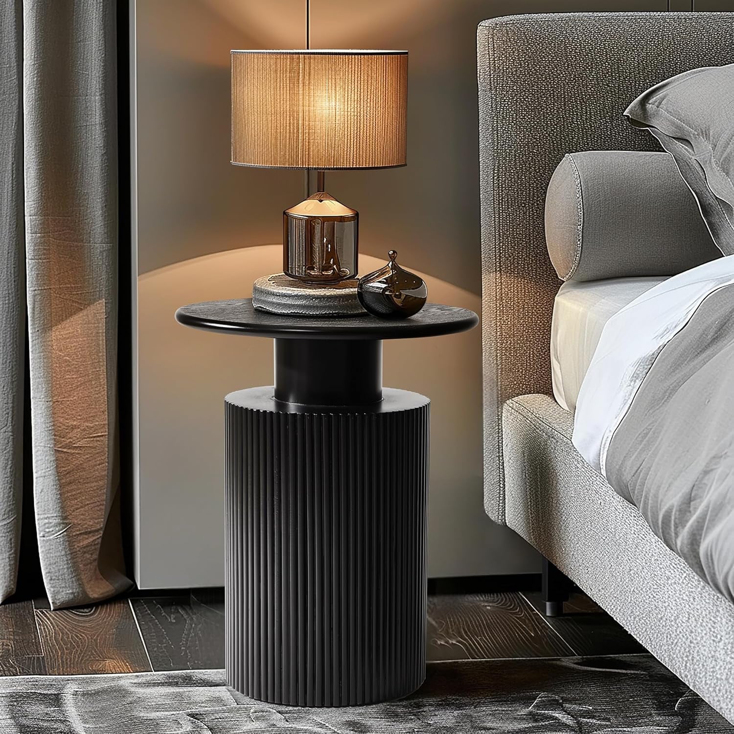 Luxenhome Black Side Table, 22" Fluted round Side Table for Small Spaces, Modern Accent End Table for Living Room Couch, Bedroom, Bedside Table, Nightstand