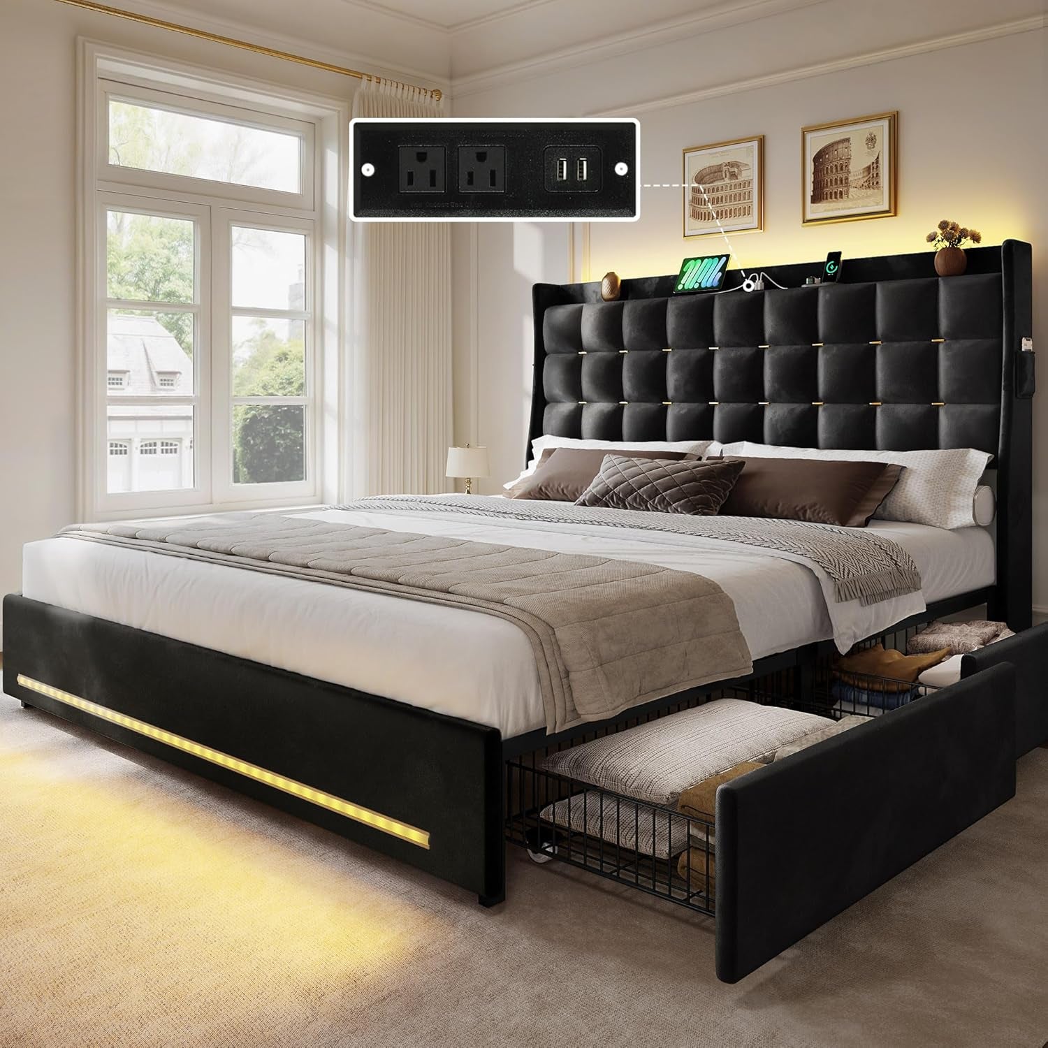 Queen Size Bed Frame with 4 Drawers and RGB LED Lights, Velvet Upholstered Platform Bed with Charging Station and Storage Headboard, No Box Spring Needed, Easy Assembly, Noise-Free, Black