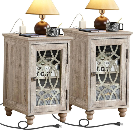 Narrow Side Table with Charging Station Set of 2, Night Stand with Glass Door,Bedside End Tables with Adjustable Shelf Storage Cabinet,Wood Nightstand for Small Spaces Living Room Bedroom