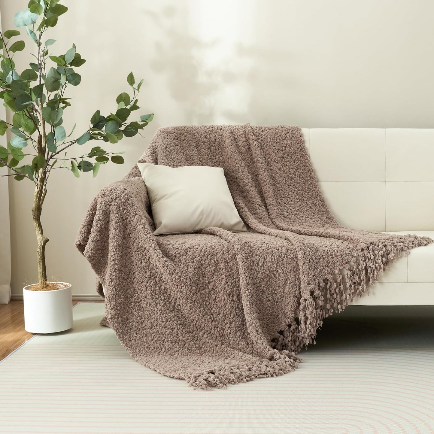 Throw Blanket for Couch, Taupe Tan Luxury Knitted Throws 50"X60", Textured Blankets with Handmade Fringe Tassels for Bed Sofa Decorative, Chunky Soft Farmhouse Boho Home Decor