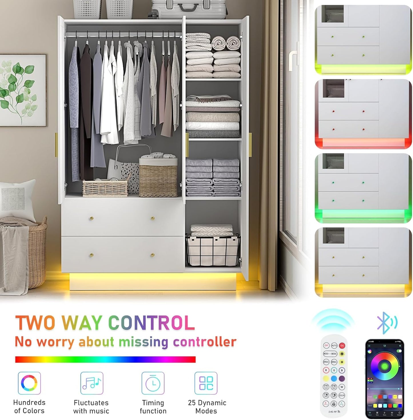 3 Door Wardrobe Closet with Mirror & LED Lights, Bedroom Armoire with Drawers & Shelves, Modern Wooden Armoire Wardrobe Closet with Hanging Rod for Bedroom, White