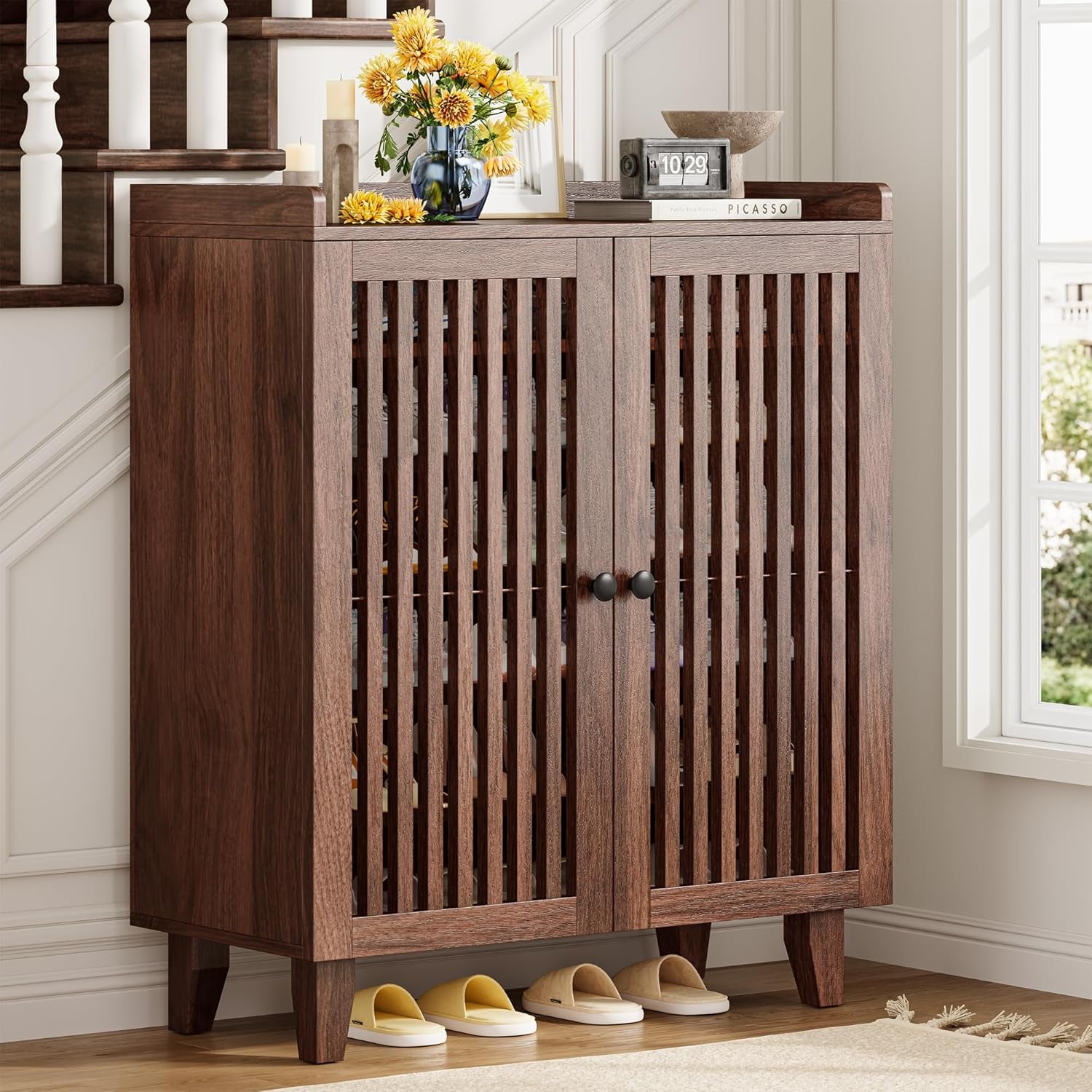 Shoe Cabinet with Slatted Doors, 6-Tier Shoe Storage Cabinet with Adjustable Shelves, Wooden Shoe Rack Organizer for Entryway, Hallway, Closet, Living Room, Walnut