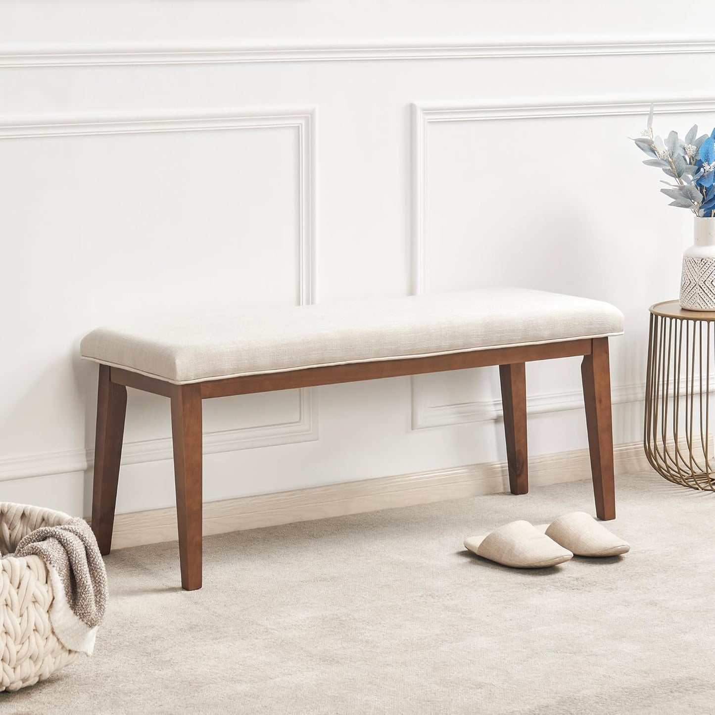Upholstered Bench for Bedroom End of Bed,42.5-Inch Entryway Bench for Living Room,Dining Bench with Padded Seat and Solid Wood Leg for Kitchen Bedroom,Indoor and Hallway (Bench, Beige)