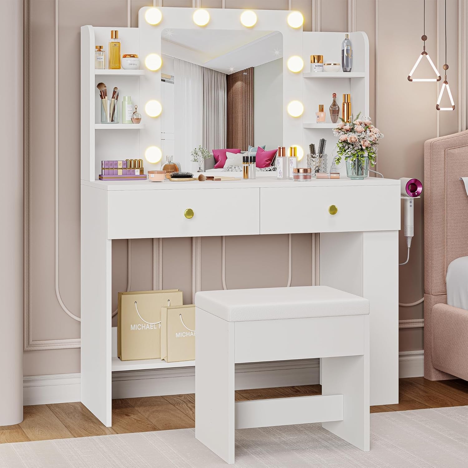Vanity Desk with Mirror, Compact Makeup Vanity Table with 2 Large Drawers, Shelves, Power Outlet and Side Drawers, 3 Color Modes Adjustable Bulb, Bench Included, White