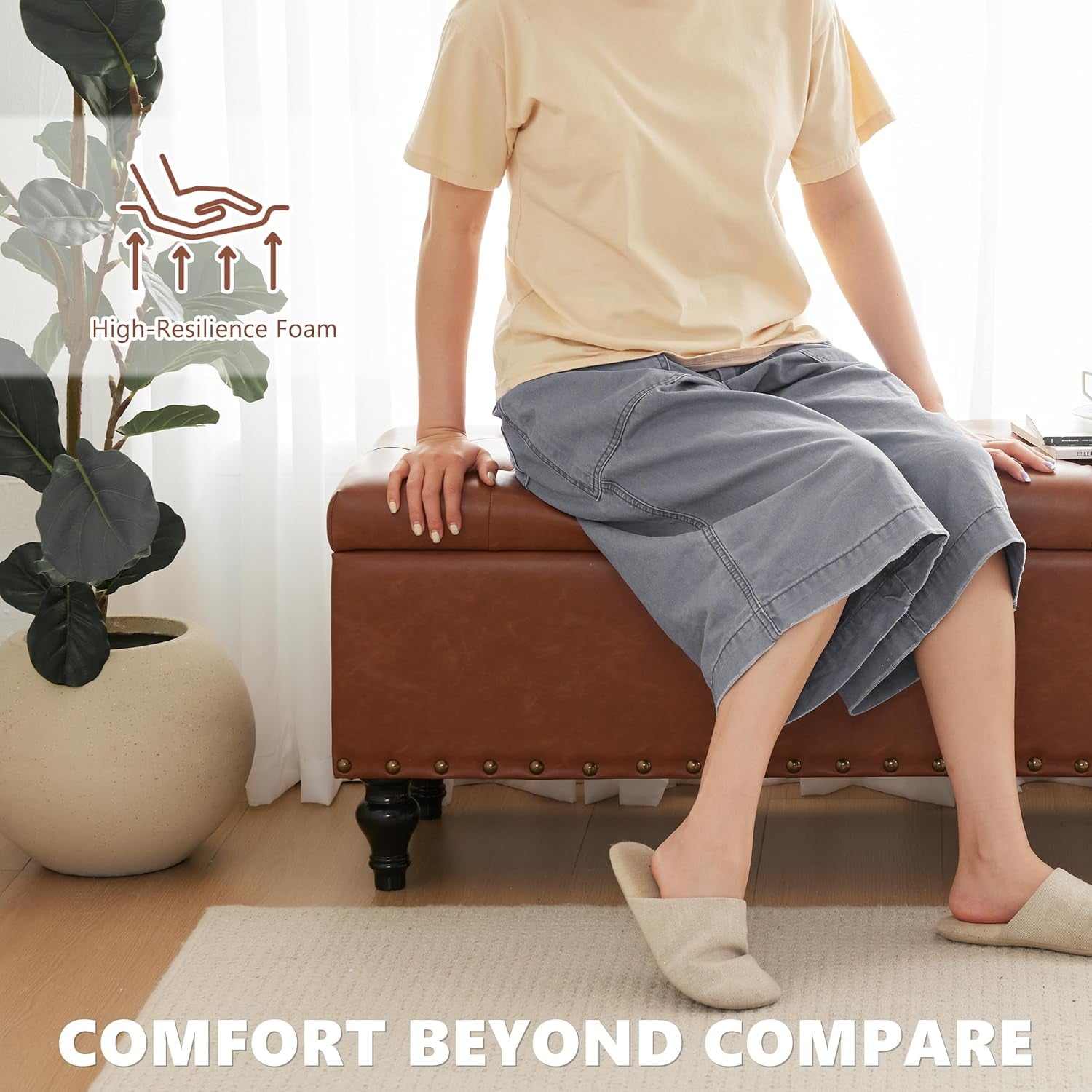 51.8’’ Storage Ottoman Bench, Faux Leather Ottoman with Storages, Window Benches Holds up to 330Lbs, Upholstered Storage Bench for Bedroom, Living Room, Entryway and Family Room, Brown