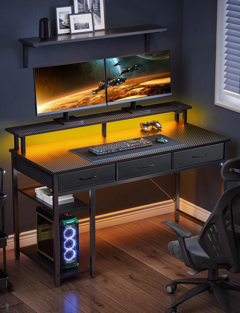 Computer Desk with Power Outlets & LED Light, 47 Inch Home Office Desk with 3 Drawers and Storage Shelves, Writing Desk with Monitor Stand, Modern Work Desk for Home Office, Carbon Black