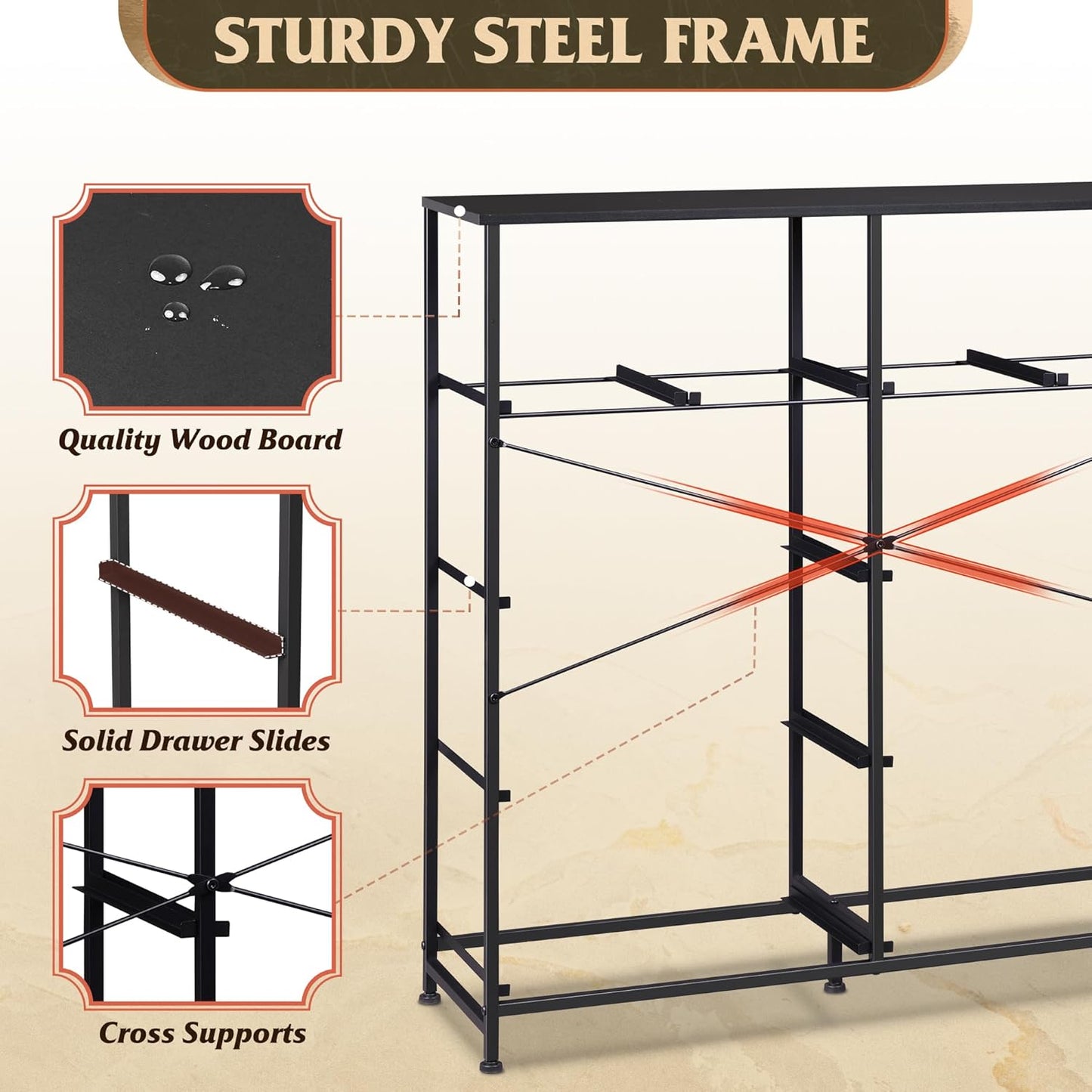 Dresser for Bedroom with 10 Fabric Drawers, Tall Chest Organizer Units for Clothing, Closet, Storage Tower with Cabinet, Metal Frame, Wooden Top, Black Dresser for Living Room