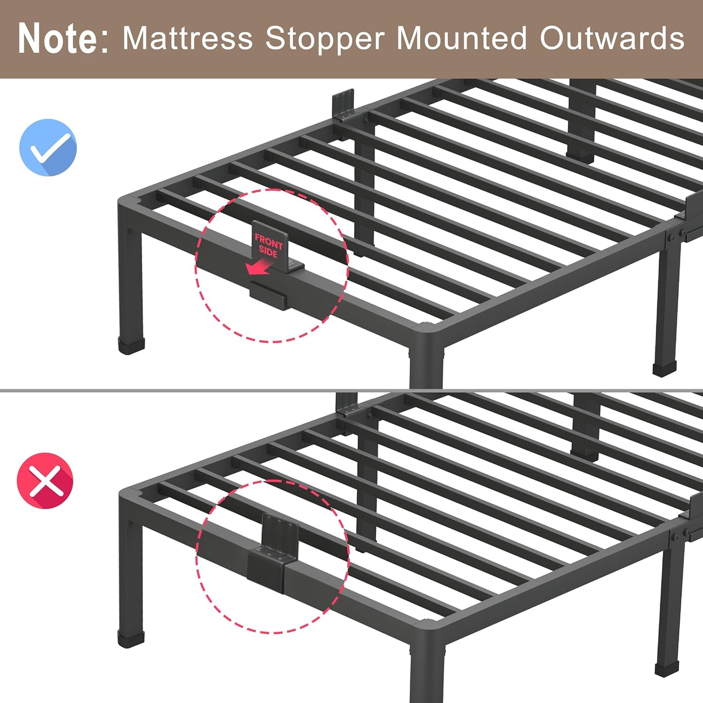 14 Inch Metal Queen Bed Frame with Rounded Corner and Headboard Hole Mattress Retainers 3500LBS Heavy Duty Steel Slats No Box Spring Needed Platform Noise-Free Easy Assembly