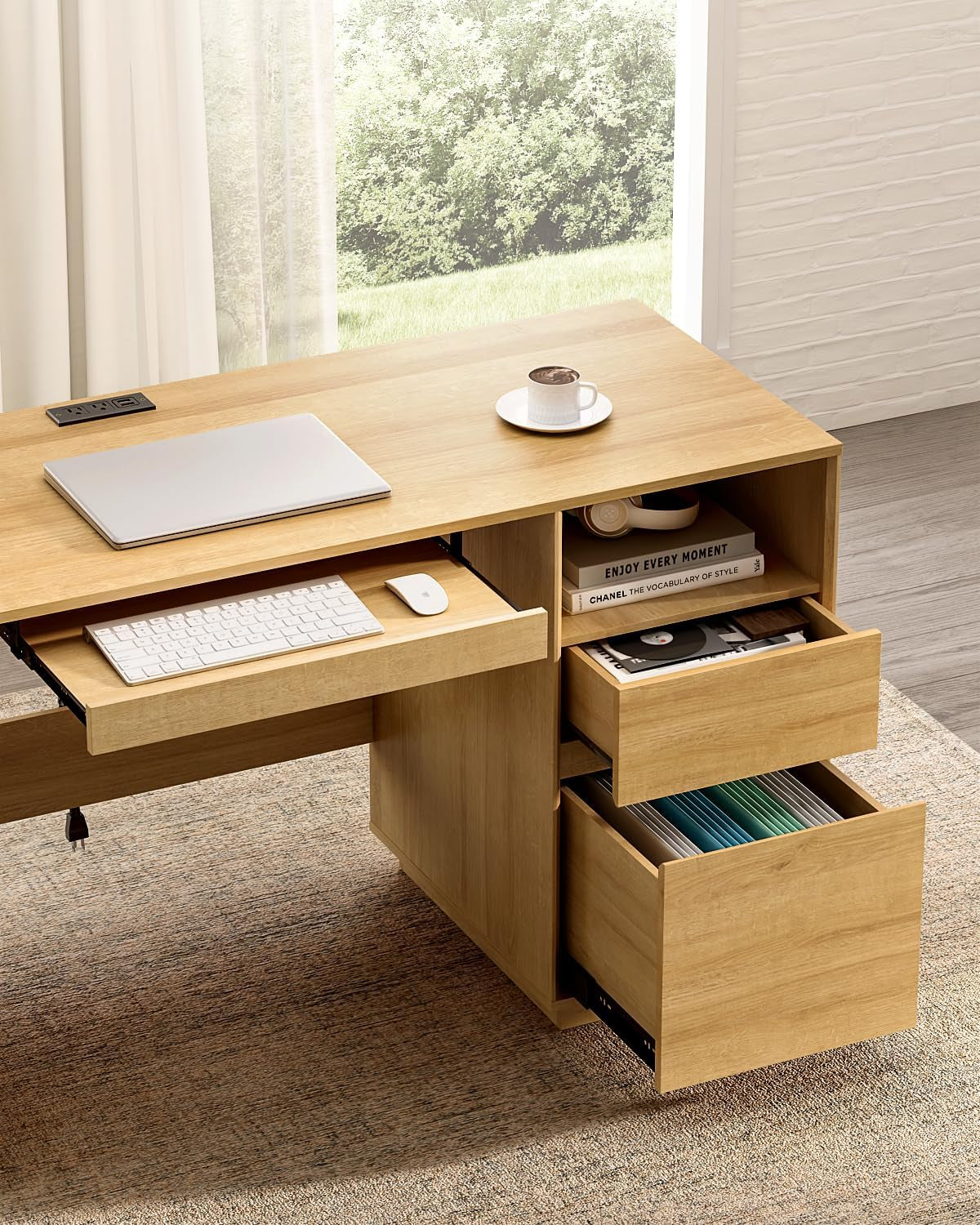 47" Executive Desk with File Drawer, Farmhouse Computer Desk with Charging Station and Open Storage Compartment Wooden Home Office Desk for Writing Study Working, Natural Oak