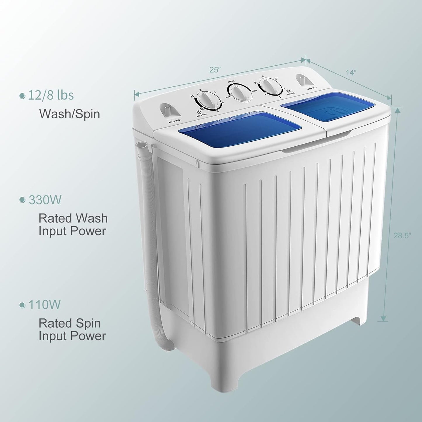 Portable Washing Machine, Twin Tub 20 Lbs Capacity, Compact Laundry Washer(12 Lbs) and Spinner(8 Lbs), Durable Design, Timer Control, Perfect for RV, Apartments and Dorms, Blue+White