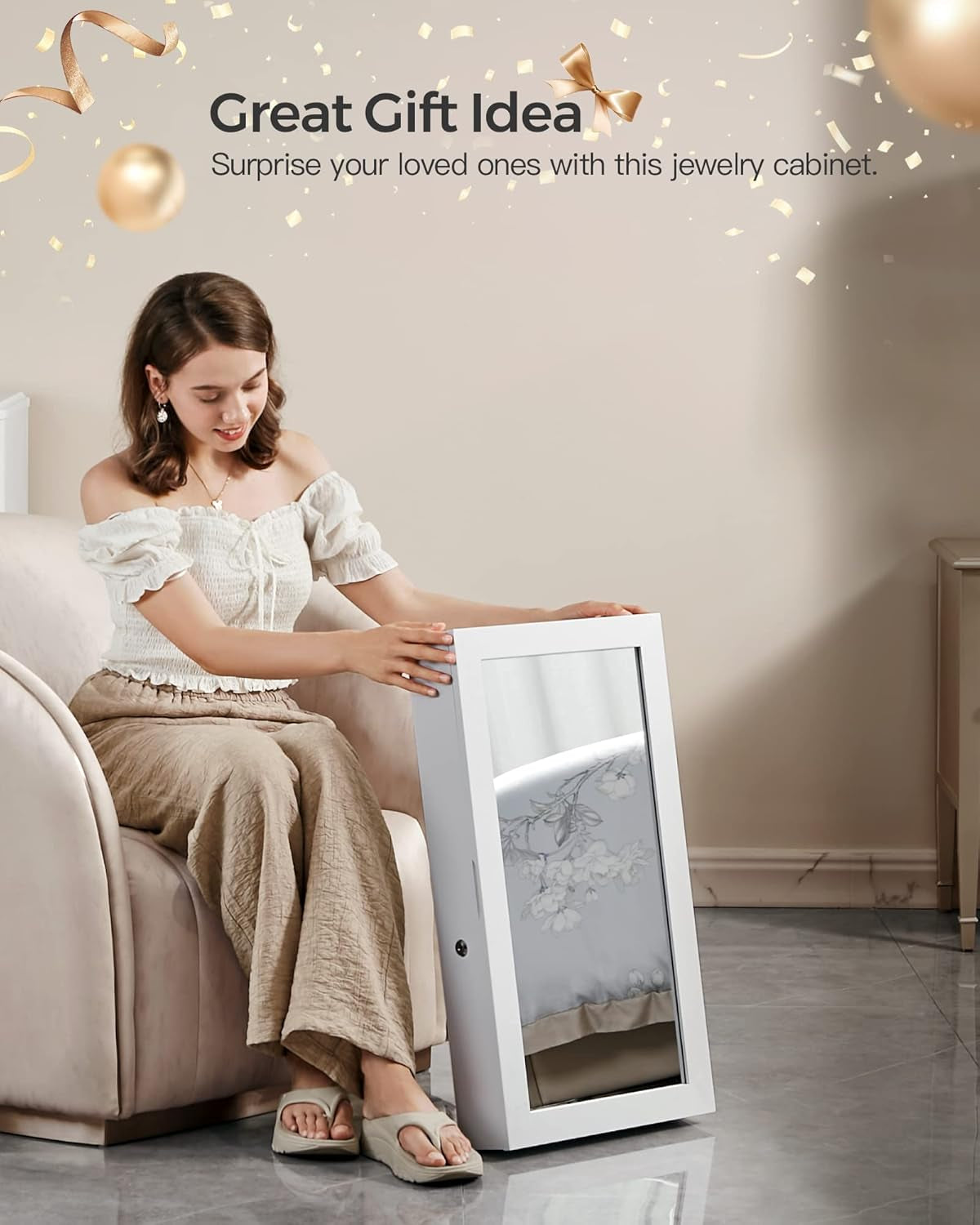 Lockable Jewelry Cabinet Armoire with Mirror, Wall-Mounted Space Saving Jewelry Storage Organizer, White UJJC51WT